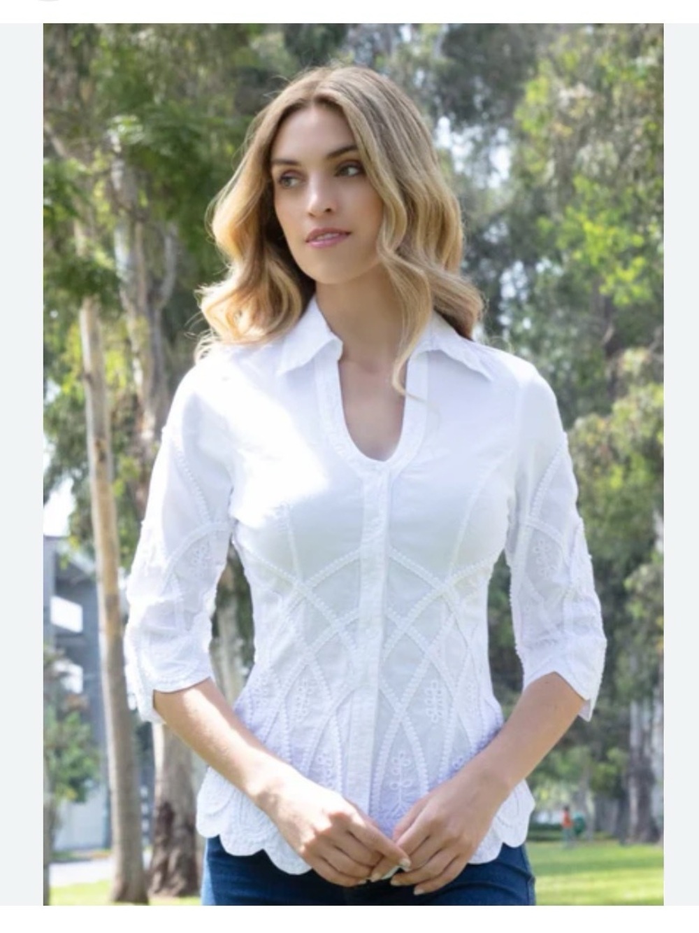 Elegant White Lace-Accent Button-Down Shirt